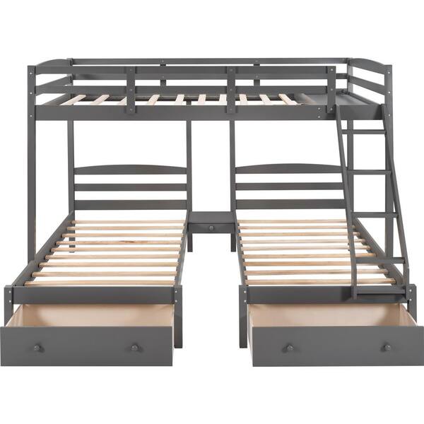 ANBAZAR Full Over Twin and Twin Bunk Bed, Wooden Triple Bunk Bed with Drawers for Kids Girls Boys, Bunk Beds for 3, Gray