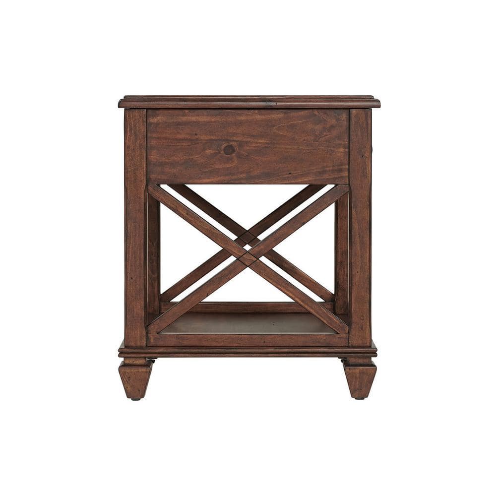 Cherry Pine Wood Square End Table with Drawer and Shelf