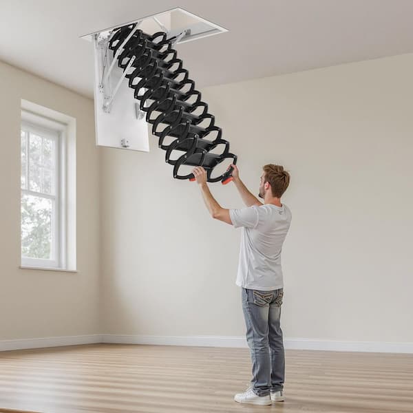 Attic Ladder, Alloy Steel Pull-Down with Rod, 660LBS. Capacity, Fits 10.5-11 ft. Ceilings, 39.4 x 27.5 in. Opening