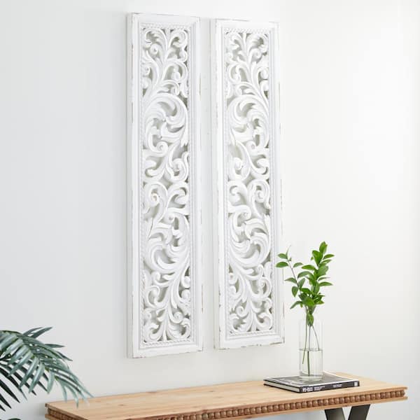 Litton Lane Tall Distressed White Carved Wood Wall Decor Panels, Set Of 2: 12" X 49.5"