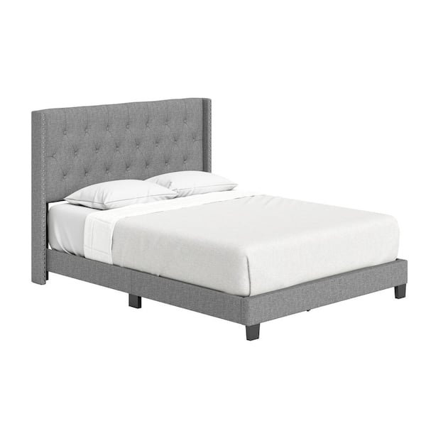 Mia Gray Linen Queen Size Fully Upholstered Platform Bed Frame with Tufted Headboard