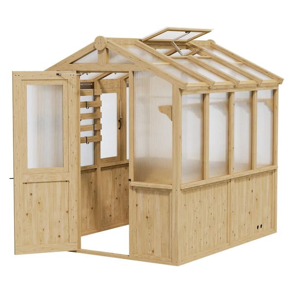 6.8 x 7.8 ft. Wooden Polycarbonate Greenhouse with Ventilated Window, Walk-in Greenhouse for Backyard Garden