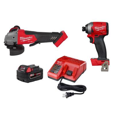 M18 FUEL 18-Volt Lithium-Ion Brushless Cordless 4-1/2 in./5 in. Grinder, Impact Driver with (1) 5.0 Ah Battery & Charger