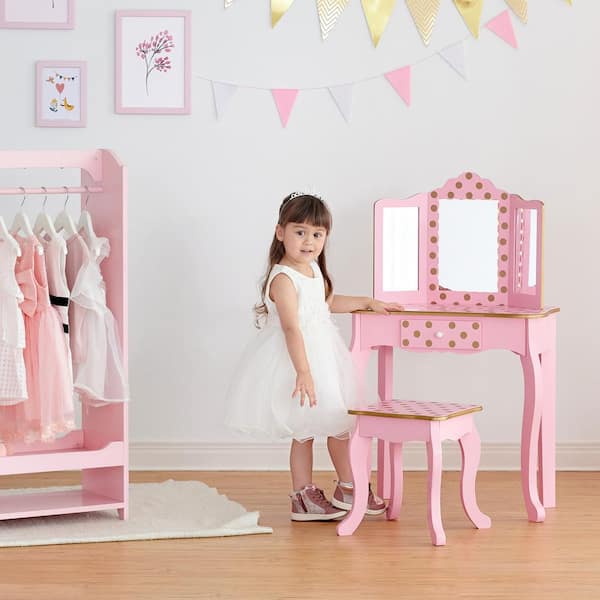 Teamson Kids Fantasy Fields Fashion Polka Dot Prints Gisele Play Vanity Set  with LED Mirror Light - Pink/Rose Gold TD-11670LL - The Home Depot