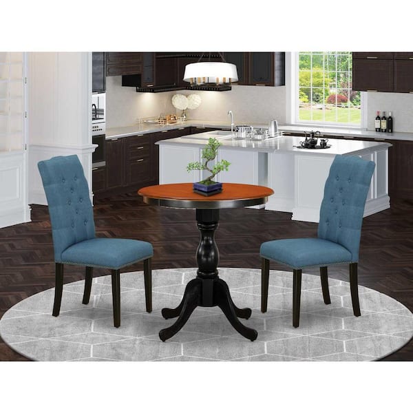 East West Furniture 3-Piece Black and Cherry Finish Solid Wood Top - Round Button Tufted Dining Room Set - Seats 4