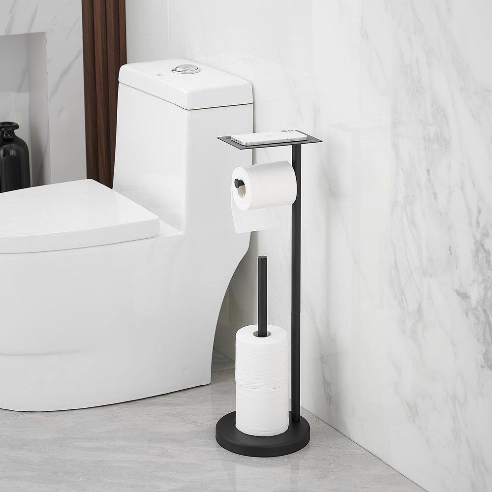 Matte Black Freestanding Stainless Steel Toilet Paper Holder with Storage Shelf