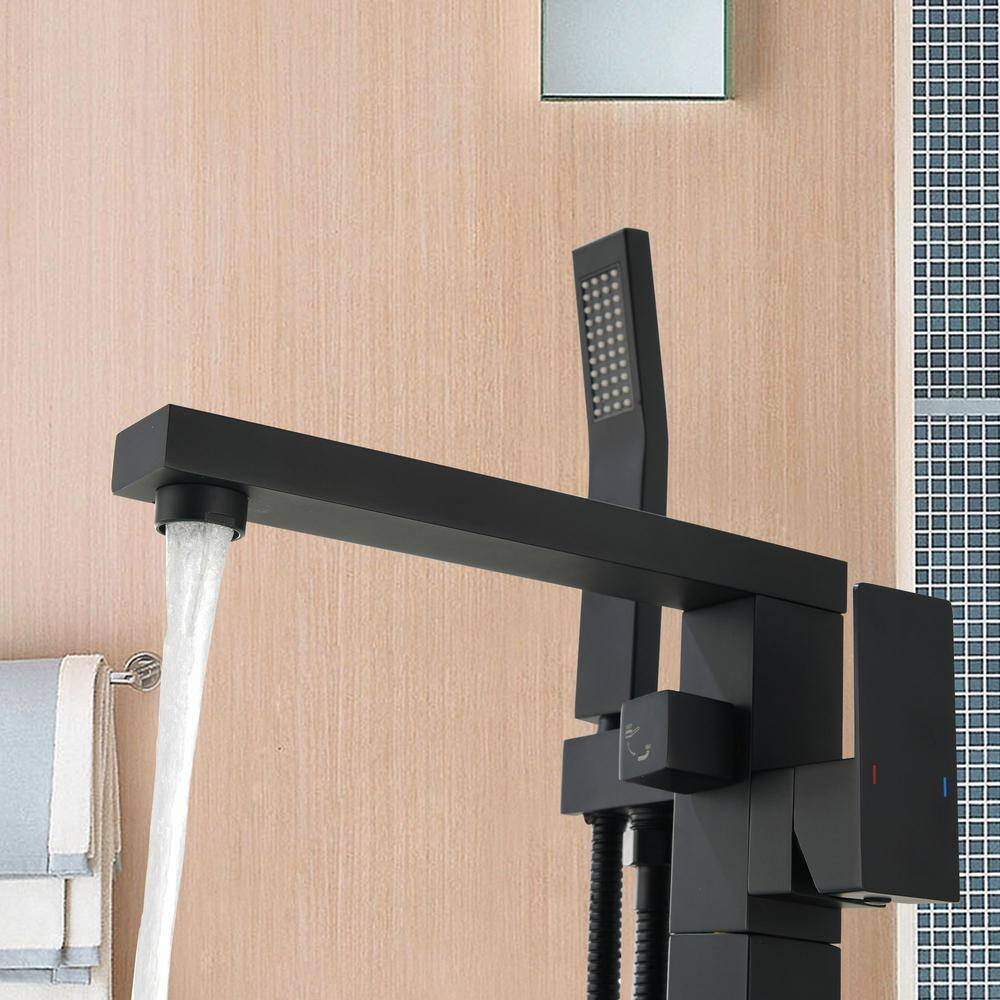 Matte Black Freestanding Floor Mount Tub Faucet with Hand Shower