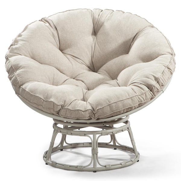 Zeus & Ruta Gray Wicker Outdoor Patio Swivel Papasan Lounge Chair with Cream Cushion