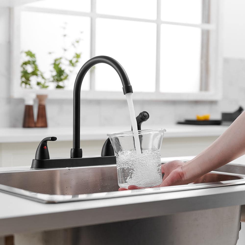 Matte Black Double Handle Bridge Kitchen Faucet with Pull-out Spray