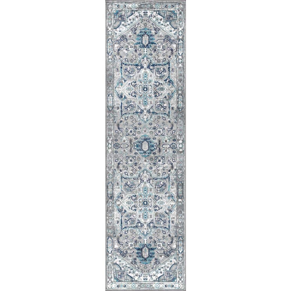 Light Grey/Blue Modern Persian Medallion 2x8 Runner Rug