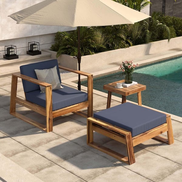 Zeus & Ruta Brown Acacia Wood Outdoor Lounge Chair and Ottoman Set with Gray Cushions for Patios, Balconies, and Gardens