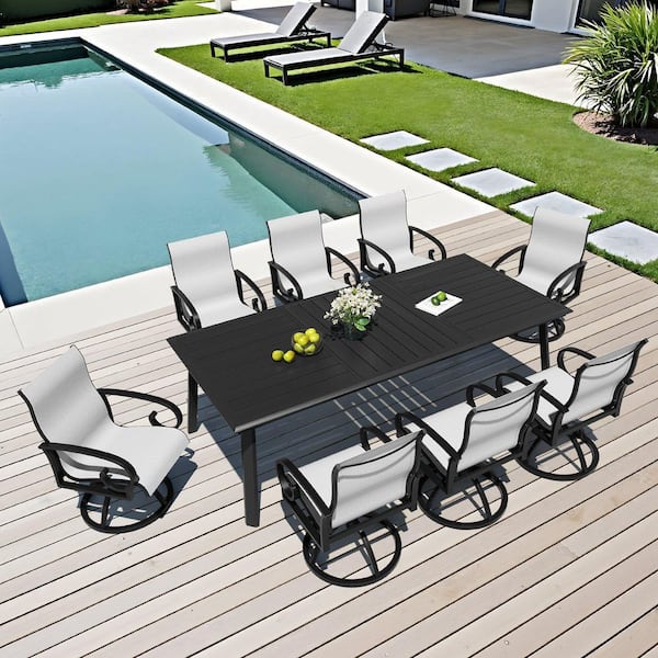 Oyster 9-Piece Rectangular Aluminum 93.9 in. Outdoor Dining Table with Umbrella Hole and Armchair