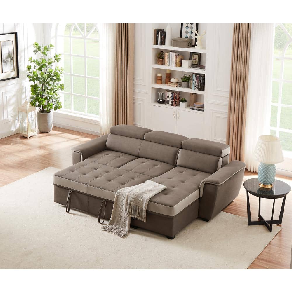 STICKON 96.46 in. W Square Arm Brown 3 Seat Polyester Full Size Sofa Bed with Storage HYM HD04280331 The Home Depot