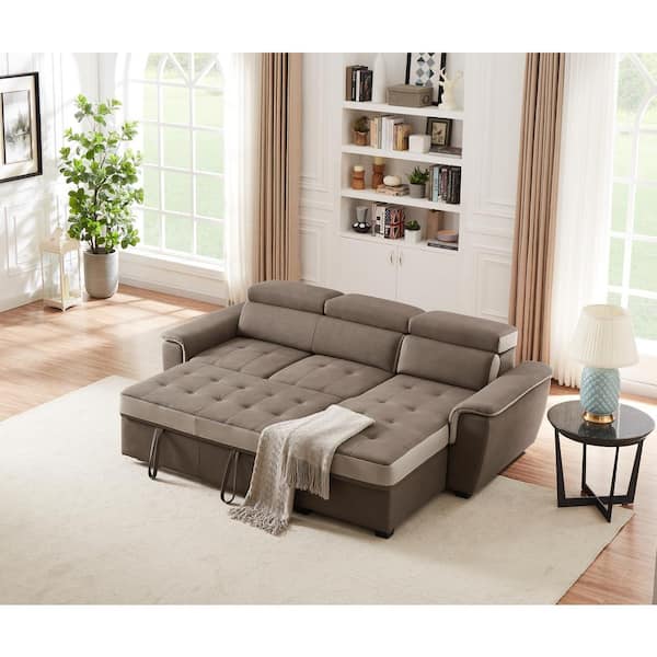 STICKON 96.46 in. W Brown 3-Seat Polyester Queen Size Sofa Bed with Storage