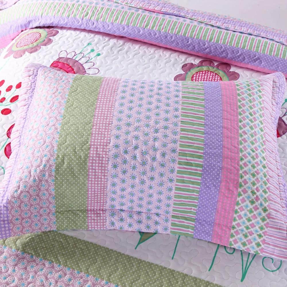 Pink and Purple Floral Microfiber Twin Quilt Set