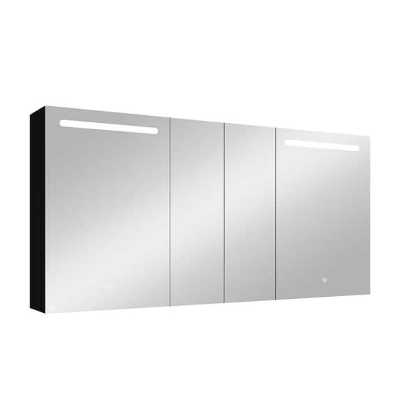 Unbranded 60 in. W x 30 in. H Rectangular Black LED Aluminum Bi-View Surface Mount Medicine Cabinet with Mirror and 2 Side Cabinet