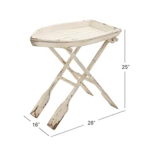 16 in. White Boat Shaped Tray Top Large Rectangle Wood End Accent Table with Oar Inspired Legs