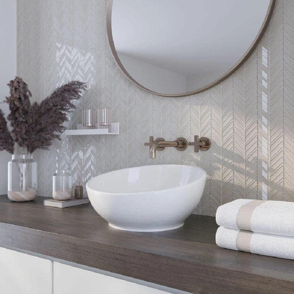 White Chevron Polished and Matte Glass Mosaic Tile