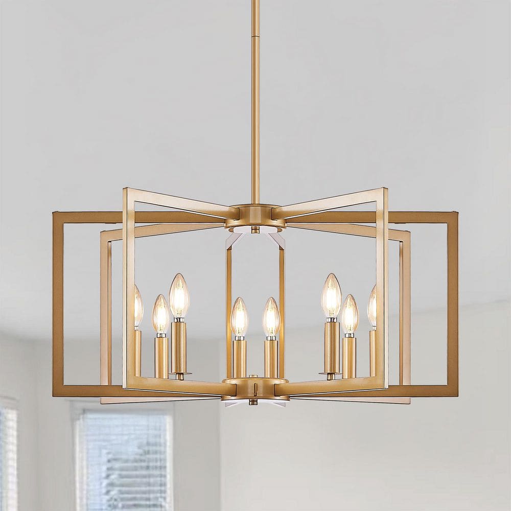 8-Light Golden Geometric Chandelier, Industrial Metal Pendant Light Fixture