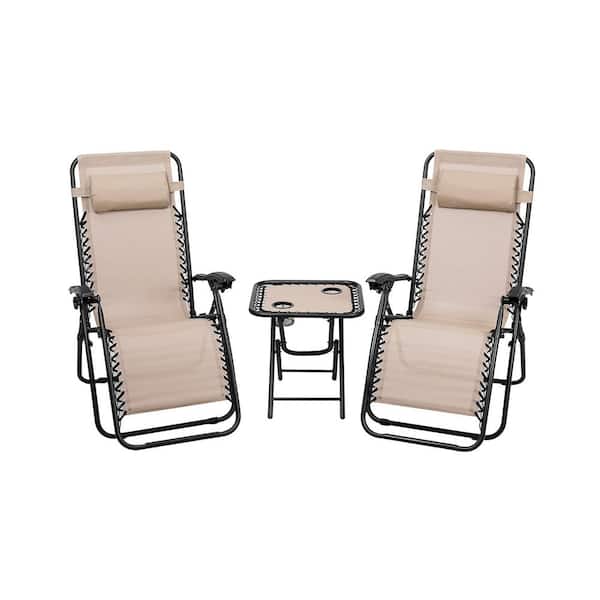 Unbranded Outdoor 3 Pieces Folding Portable Zero Gravity Reclining Lounge Chairs With Table In Beige