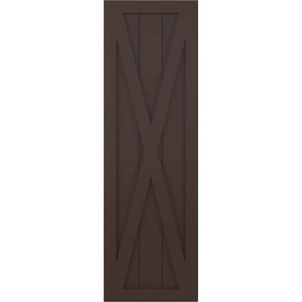 Ekena Millwork 12 in. x 76 in. True Fit PVC Single X-Board Farmhouse Fixed Mount Board and Batten Shutters Pair in Raisin Brown
