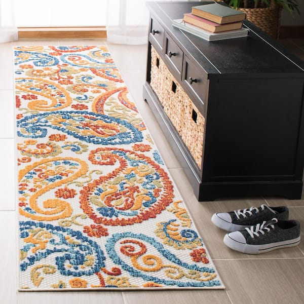 Cabana Cream/Navy 2 ft. x 6 ft. Paisley Floral Indoor/Outdoor Patio  Runner Rug
