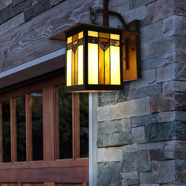 Highland 1-Light Black Outdoor Hardwired Stained Glass Wall Lantern Sconce