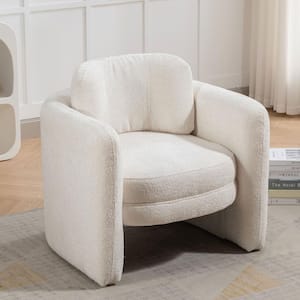 Mid-Century Modern Ivory Linen Overstuffed Armchair Barrel Accent Chair for Living Room, Guest Room, Office