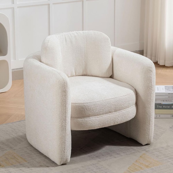 Harper & Bright Designs Mid-Century Modern Ivory Linen Overstuffed Armchair Barrel Accent Chair for Living Room, Guest Room, Office