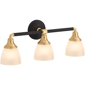 Devonshire 3 Light Black with Brass Trim Indoor Bathroom Vanity Light Fixture, Position Facing Up or Down, UL Listed
