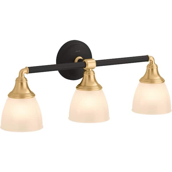KOHLER Devonshire 3 Light Black with Brass Trim Indoor Bathroom Vanity Light Fixture, Position Facing Up or Down, UL Listed