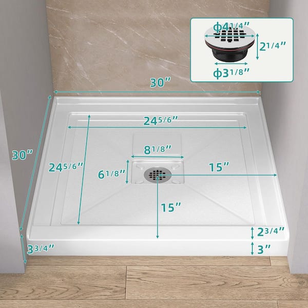 30 in. L x 30 in. W Alcove Shower Pan Base with Center Drain Hole and Magnetic Cover in White Square Shower Base