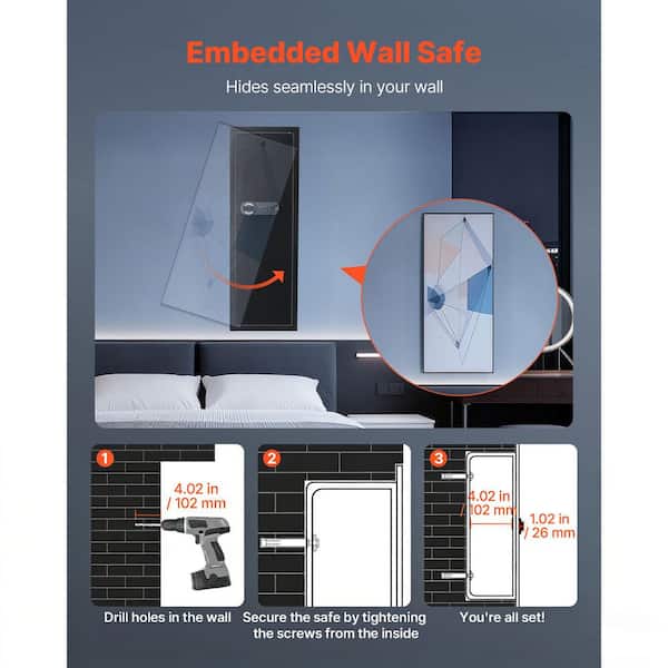 4-Tier Wall Safe, Q235 Steel In-Wall Hidden Safe with Password and Key, LED Light, 3 Adjustable Shelves and Key Holders