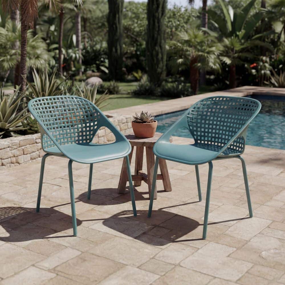 Willow Sky Blue Metal Frame Patio Outdoor Dining Chairs with Weather-Resistant Plastic Seat, Set of 2