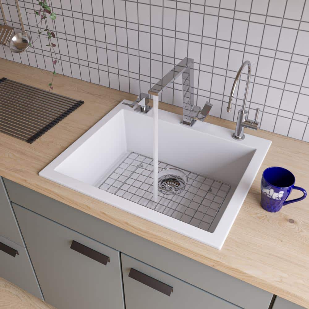 24" White Granite Composite Single Bowl Kitchen Sink