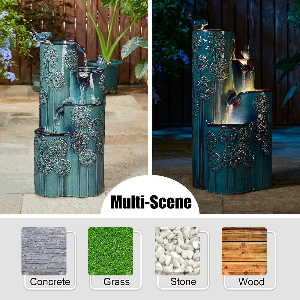 31.75" Turquoise Ceramic 4-Tier Outdoor Fountain with Birds and LED Lights