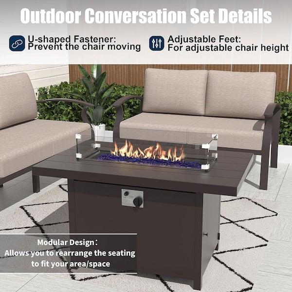 10-Seat Aluminum Patio Conversation Set with armrest, Firepit Table, Swivel Rocking Chairs and Sand Cushions