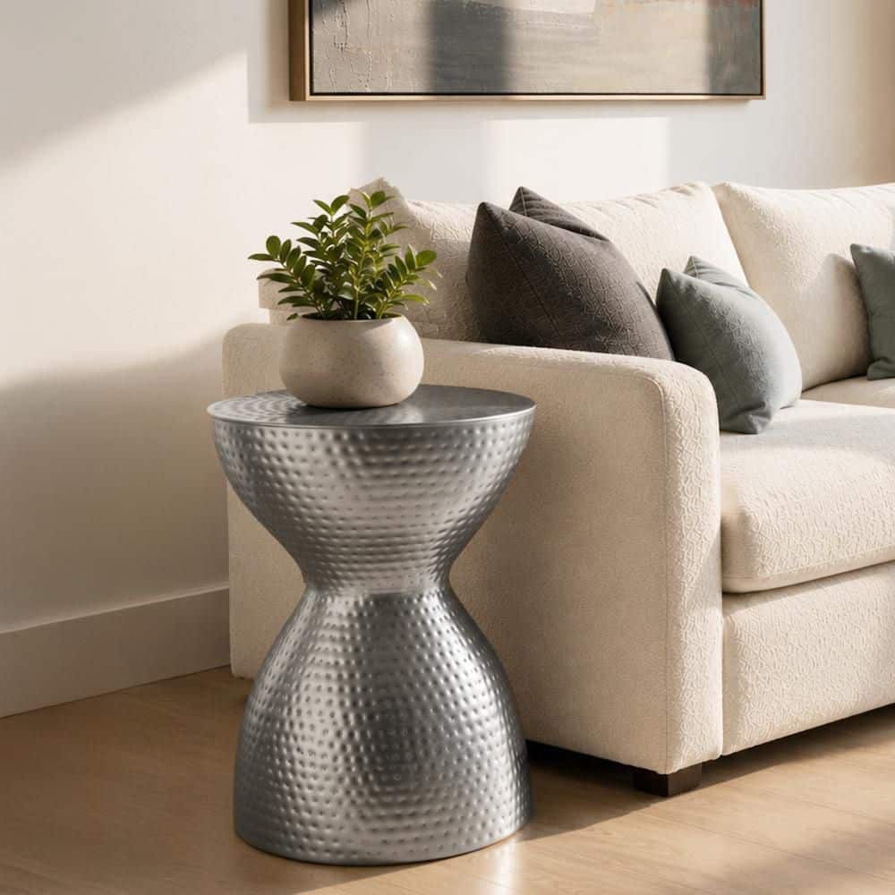 18 in. H Silver Industrial Style Hammered Texture Iron Stool with Hourglass Shaped Body