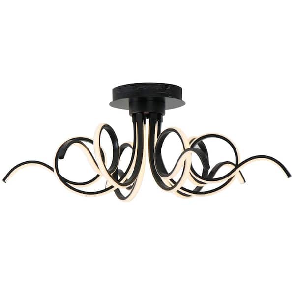 32 in. 6-Light Black Flower LED Semi-Flush Mount for Bedroom Kitchen Foyer, LED 3000K Triac Dimmable