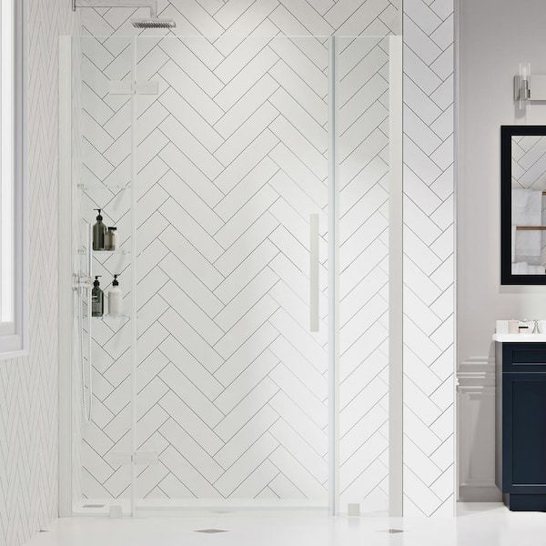 OVE Decors Tampa 48 1/16 in. W x 72 in. H Pivot Frameless Shower Door in Satin Nickel With Shelves