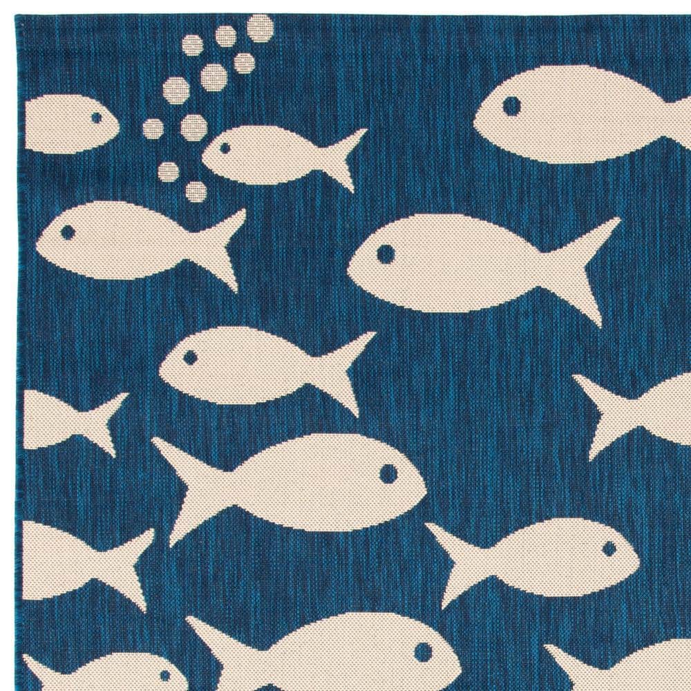 Navy and Beige 6'7" Square Synthetic Flat Woven Rug