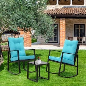 3-Piece Black PE Wicker Patio Outdoor Conversation Set with Blue Cushions, Rocking Chairs Set with Glass Coffee Table