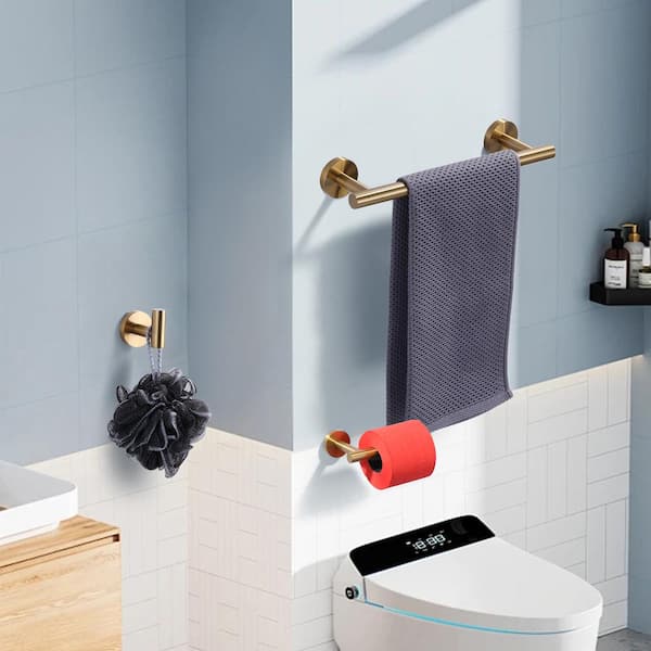 3-Piece Stainless Steel Bath Hardware Set with Towel Hook, Toilet Paper Holder and Towel Bar in Brushed Gold