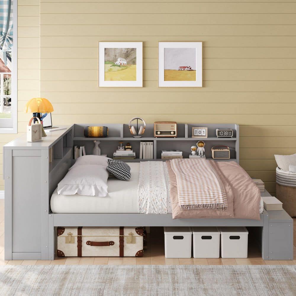 Noble House Arvion Modern Gray Wood Frame Full Size Daybed with Shelves ...