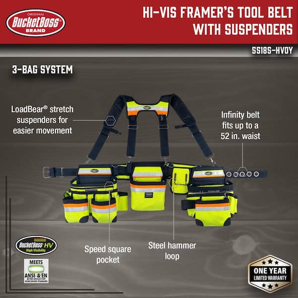 Hi-Visibility 3-Bag Framer's Tool Belt with Suspenders Suspension Rig with 29-Pockets