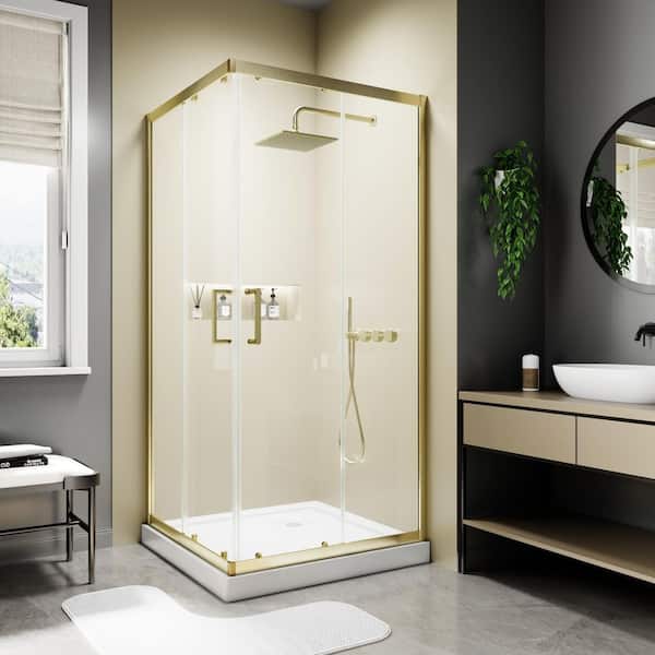 36. x 36 in. W x 71 in. H Framed Corner Sliding Shower Enclosure in Brushed Gold with Clear Glass