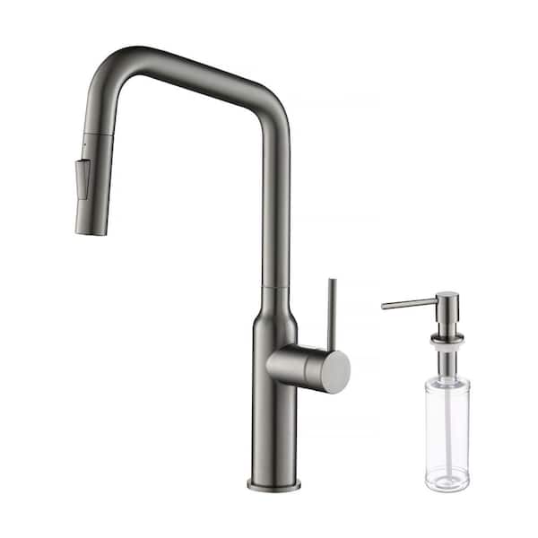 KIBI 17 in. H Single Hole 1.8 GPM Pull Down Sprayer Kitchen Faucet with 360° Spout Swivel, Soap Dispenser in Titanium