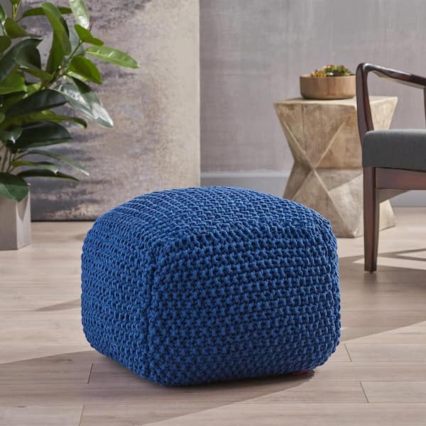 Unbranded Navy Square Knitted Cotton Pouf Cube