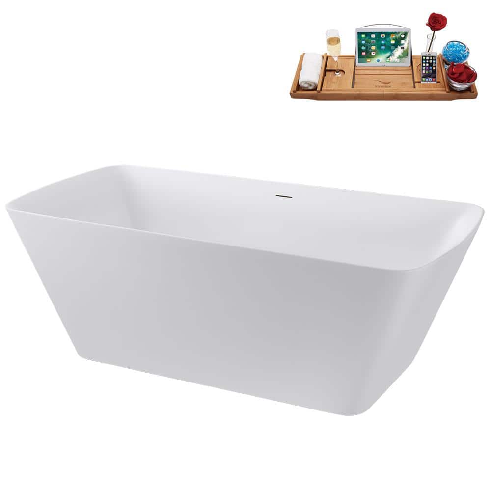 59" Glossy White Acrylic Freestanding Tub with Brushed Gold Trim
