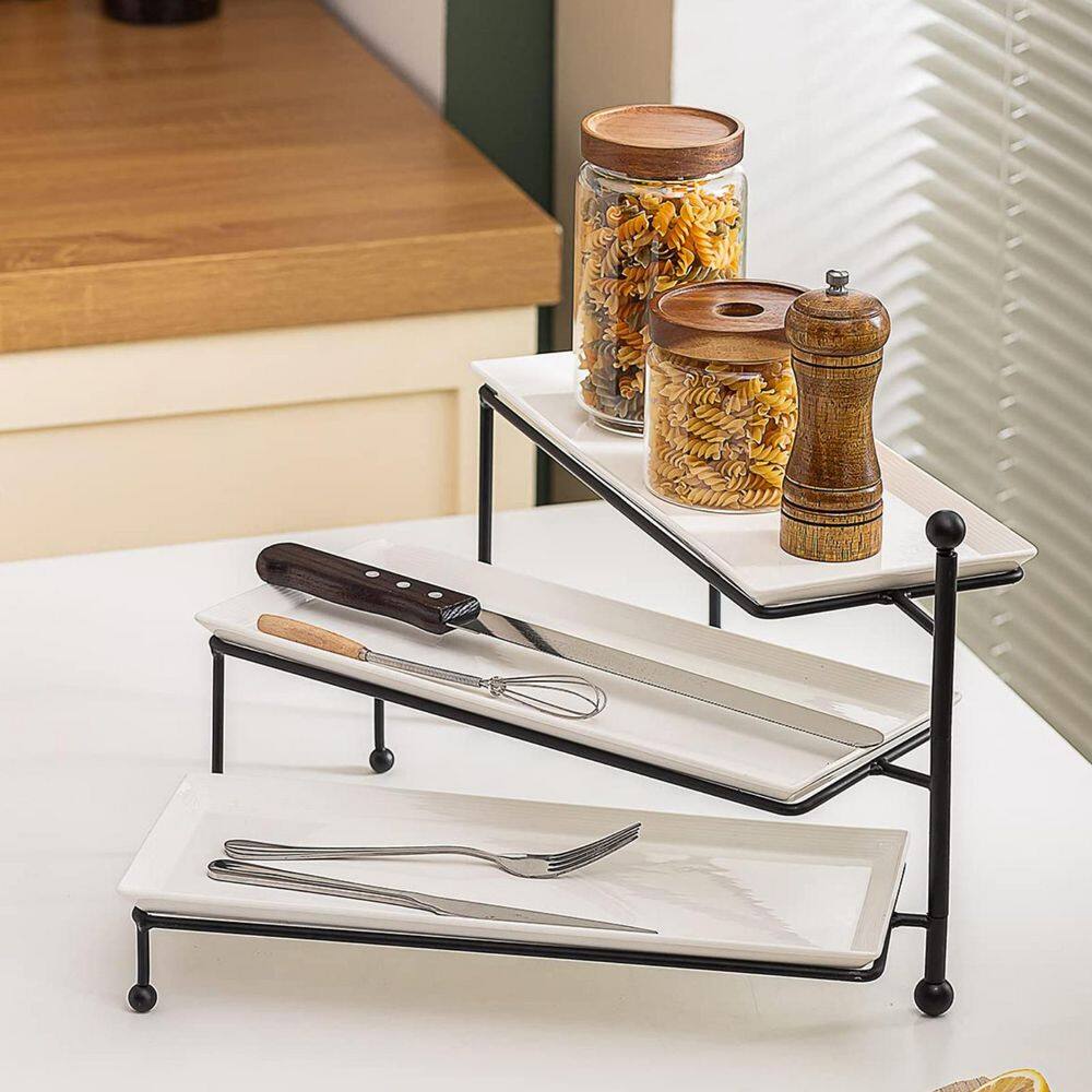 White 3-Tier Serving Stand with Porcelain Platters for Entertaining and Decor, Space-Saving Design, Sturdy Metal Frame price history on PriceWatchPro